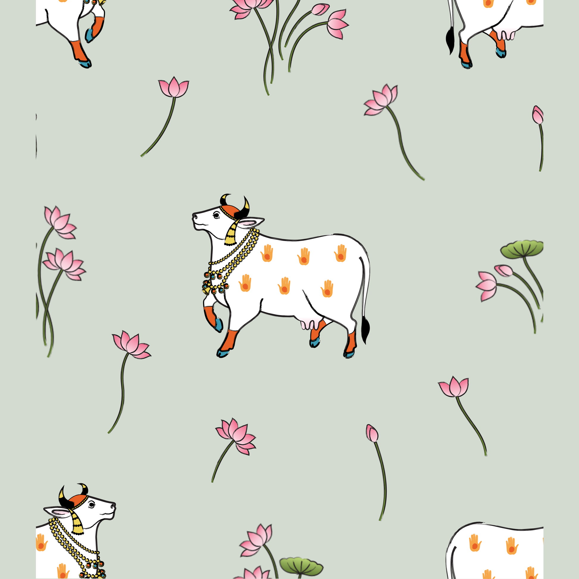 Pattern of cows and pink flowers on a light green background
