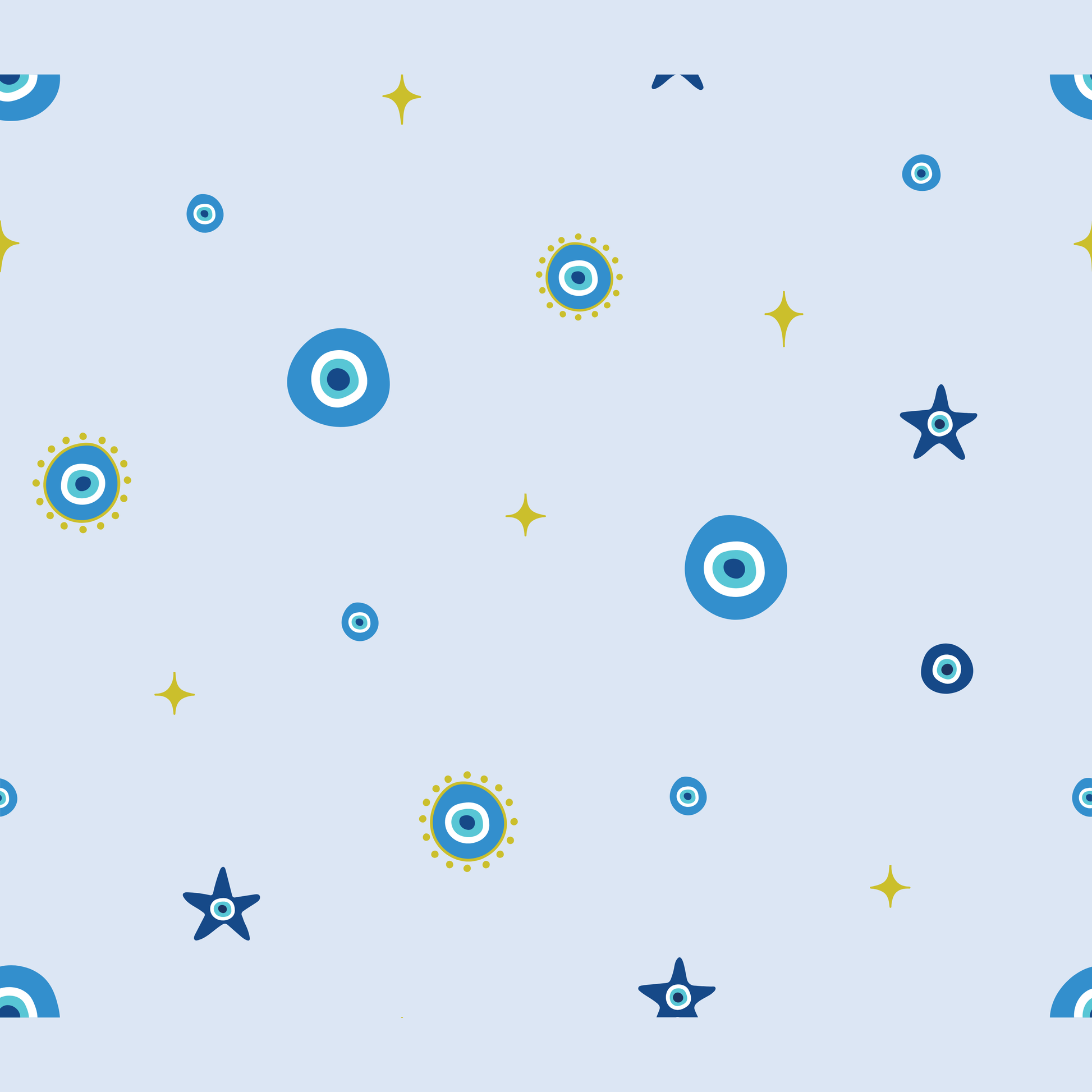 Pattern of blue circles and stars on a light blue background