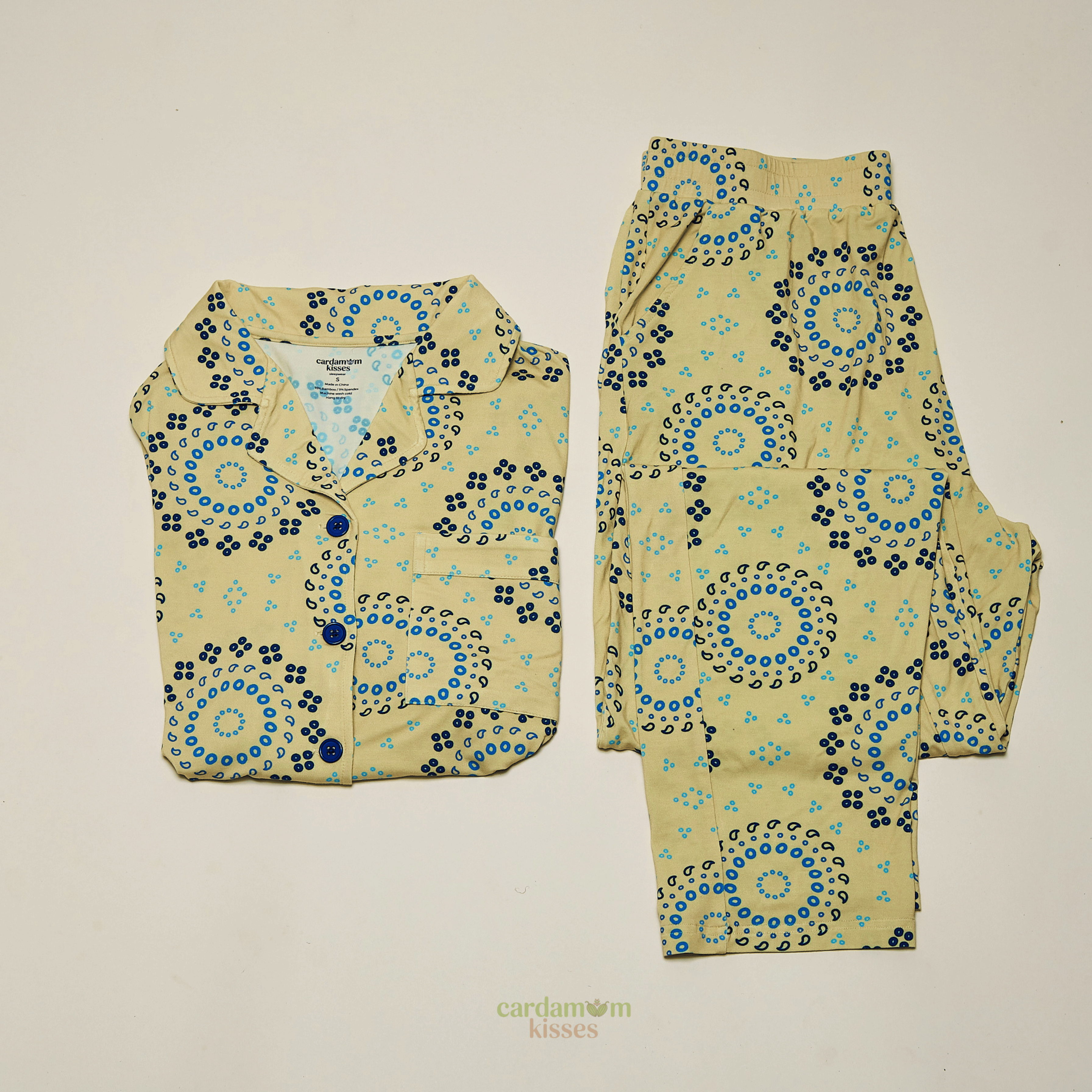 Woman wearing a Bandhani Burst bamboo pajama set